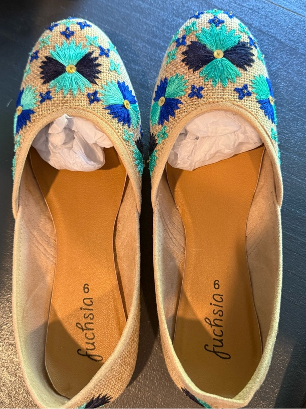 Fuchsia Women's Embroidered Floral Flats in Tan and Teal